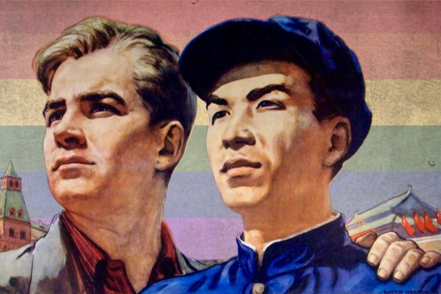 poster della cina comunista con bandiera gay